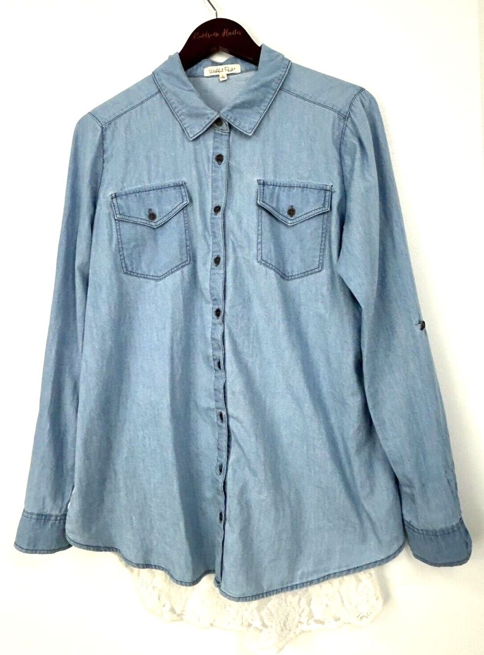 Wishful Park Size L Blue Chambray Button Up Blouse Lace Roll Tab Sleeve Top U3 - Picture 5 of 13